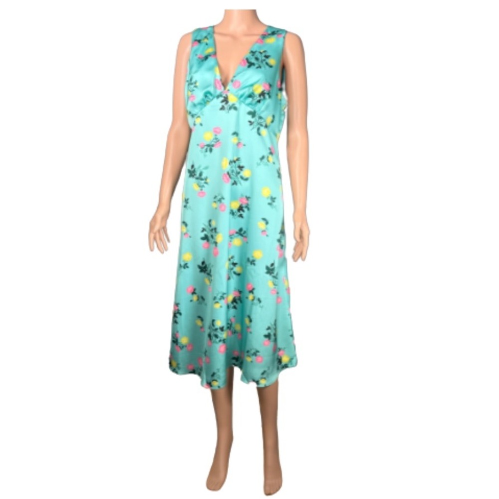 1.STATE Teal Floral V-Neck Midi Dress Sleeveless Fit & Flare Size 12 New